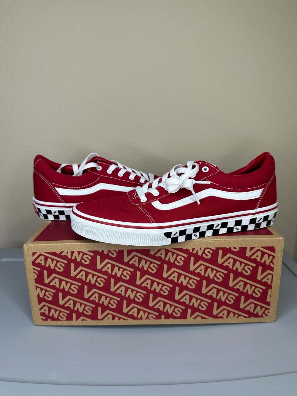 Vans Kids' Red Canvas Old Skool Sneakers with Checkerboard Accent